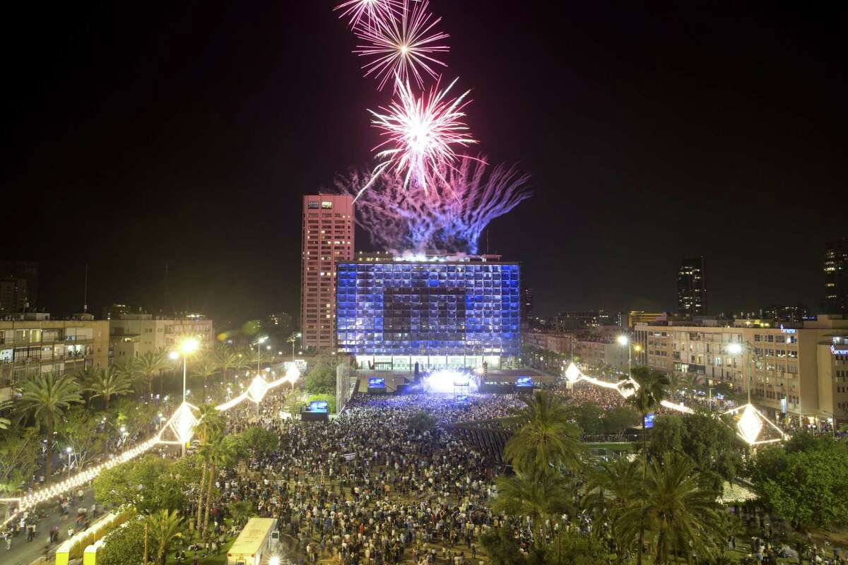 Fireworks are set off during celebrations for Israel's 70th Independence Day, at Rabin square in Tel Aviv, Israel, Wednesday, April 18, 2018.