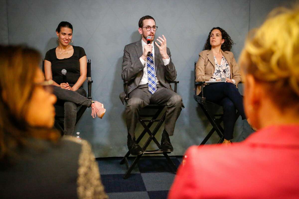 (Left to Right) Sonja Trauss founder SF Bay Area Renters� Federation, Senator Scott Wiener, and Miriam Zuk director of Urban Displacement Project and the Center for Community Innovation UC Berkeley participate in a panel discussion on housing at the Yelp headquarters on Thursday, April 18, 2018 in San Francisco, California.
