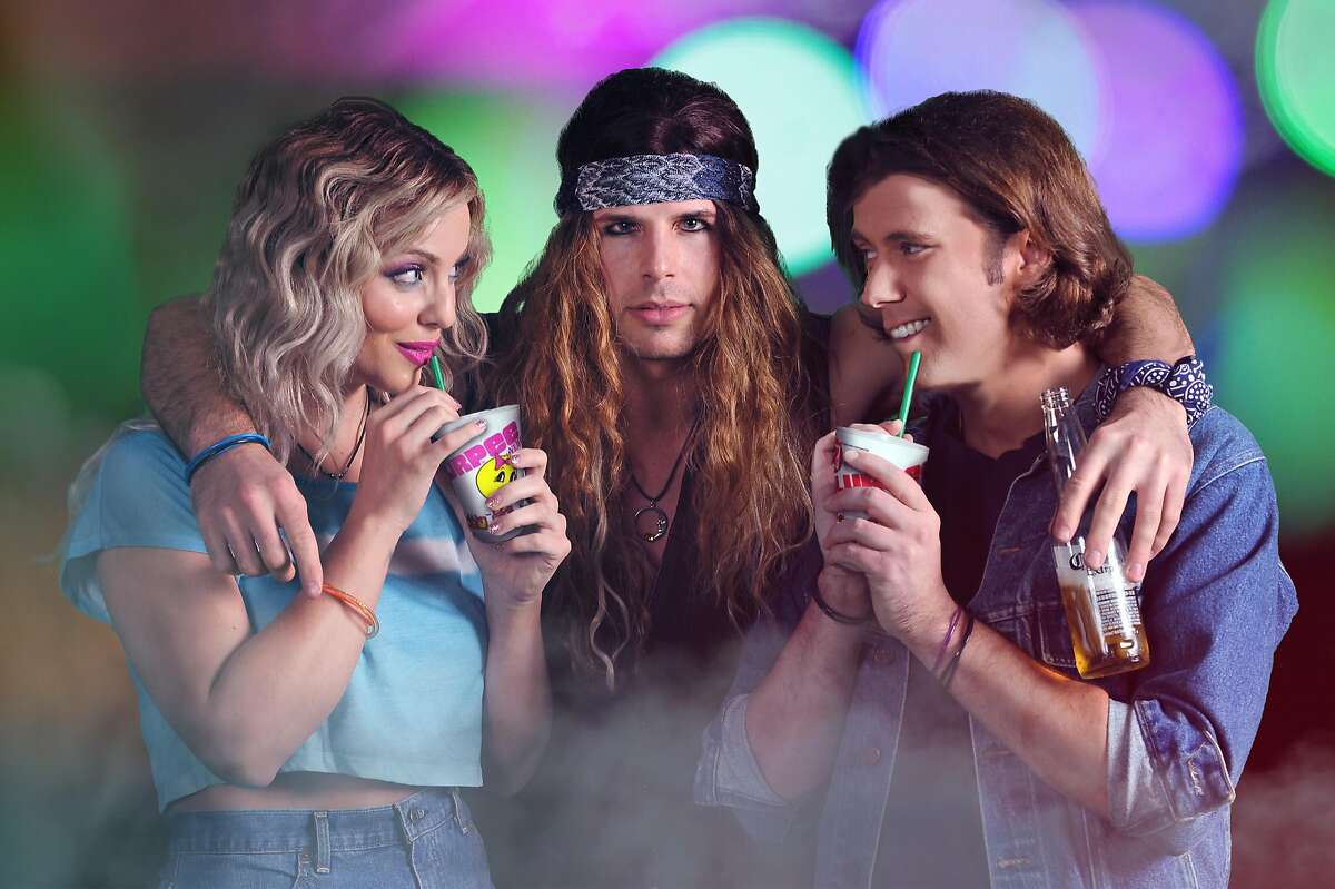 From left: Jessica LaFever as Sherrie, Jimmy Mason as Stacee Jaxx and Jason Mooney as Drew in Palo Alto Players� "Rock of Ages."