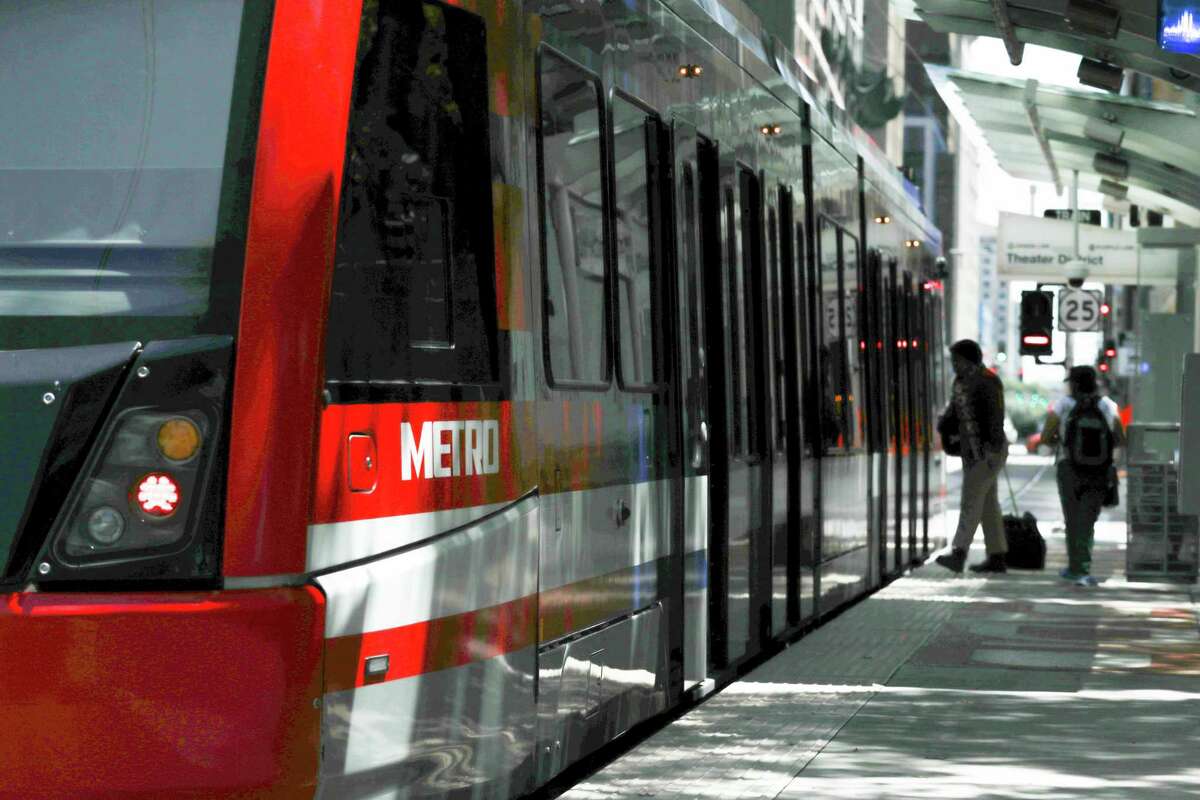 A Metropolitan Transit Authority train sits the Theater District platform on April 10 in downtown Houston.