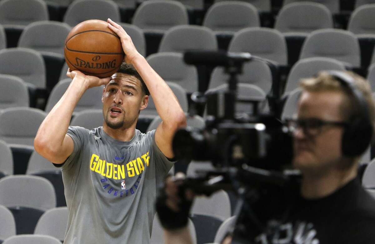 Klay Thompson #11 of the Golden State Warriors takes a shot during practice. Golden State Warriors practice at the AT&T Center on Wednesday, April 18 ,2018.