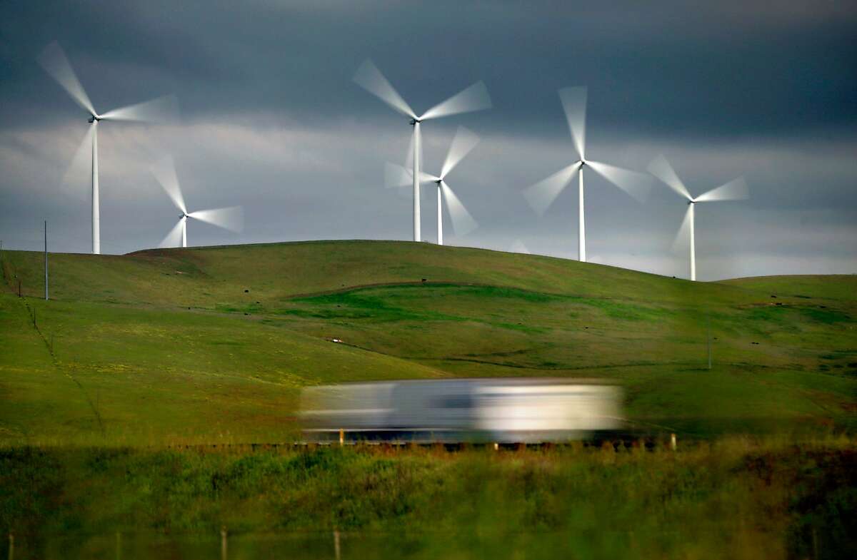 Wind turbines dot the hills east of Livermore, Caif., on Wed. April 18, 2018.