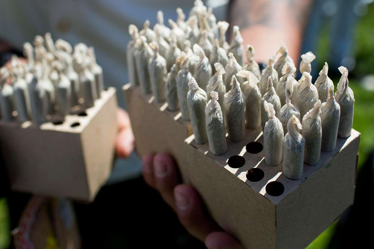 Joints for sale at the Hippie Hill 4/20 celebration in Golden Gate Park on Friday, April 20, 2018. San Francisco Calif. This is the first year when recreational marijuana use is legal in California.