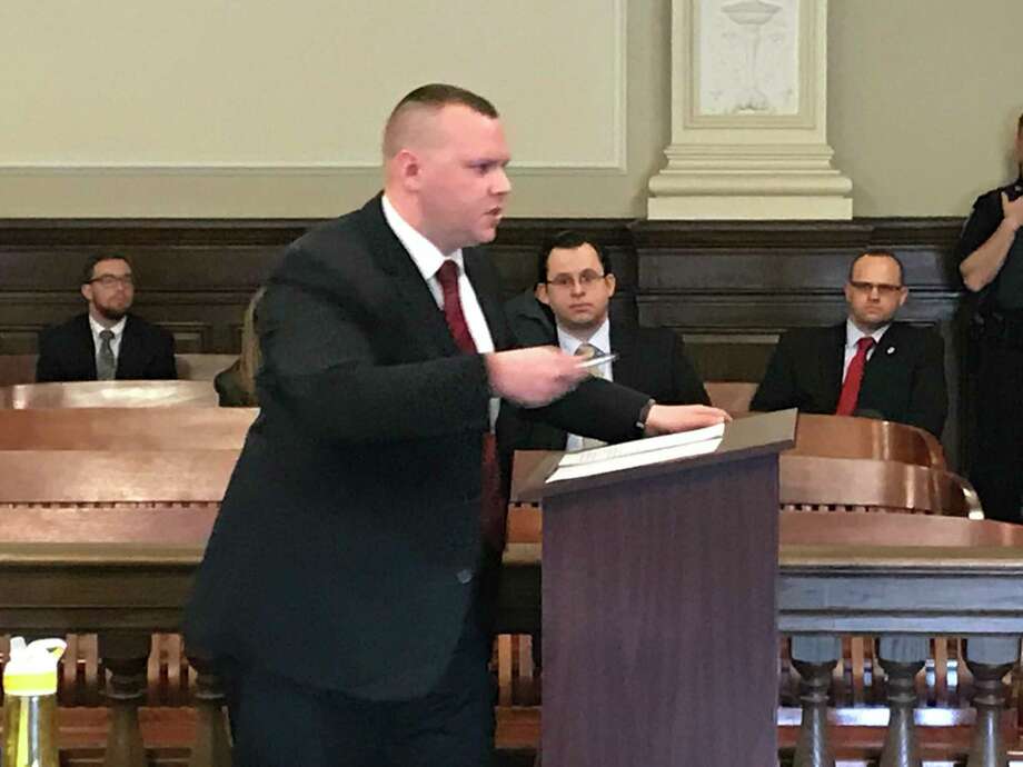 Assistant District Attorney Carl Rosenkranz demonstrates a stabbing motion at the second-degree murder trial of Anthony M. Rosenkranz Friday in Rensselaer County Court in Troy. Photo: Kenneth C. Crowe II/TImes Union