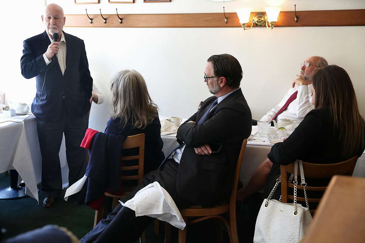 Judge Anthony Kline (far left) and co-founder of Public Advocates asks questions during a debate about a recall of judge Aaron Persky at Hayes Valley Grill on Friday, April 20, 2018, in San Francisco, Calif.