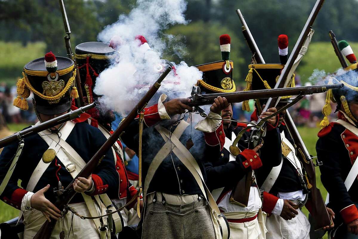 Mexican Army reencators fire on the Texian Army at the San Jacinto Day Festival and Battle Reenactment Saturday, April 22, 2017 in La Porte. ( Michael Ciaglo / Houston Chronicle)