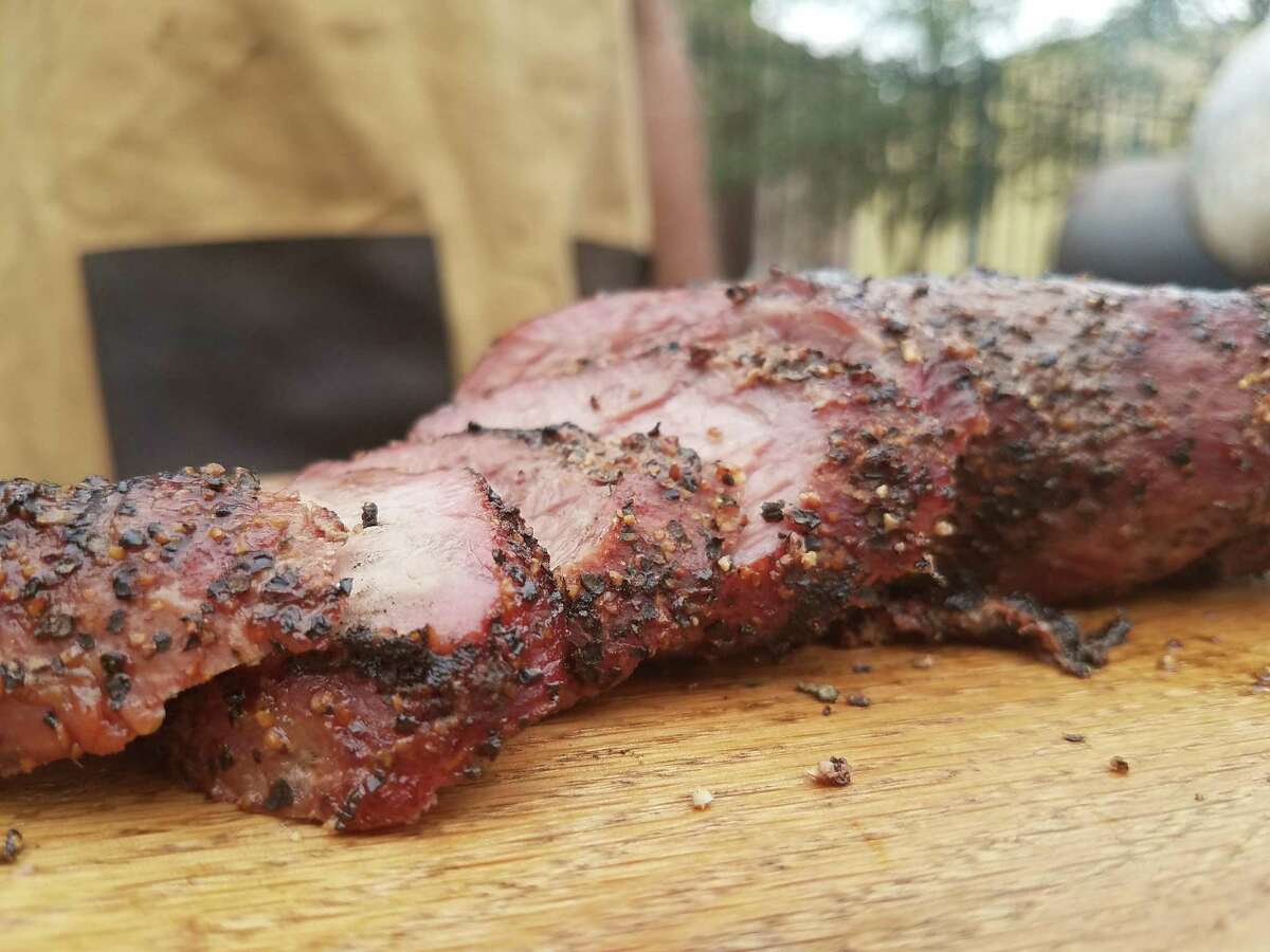 Cooked and sliced tri-tip at Victorian’s Barbecue.