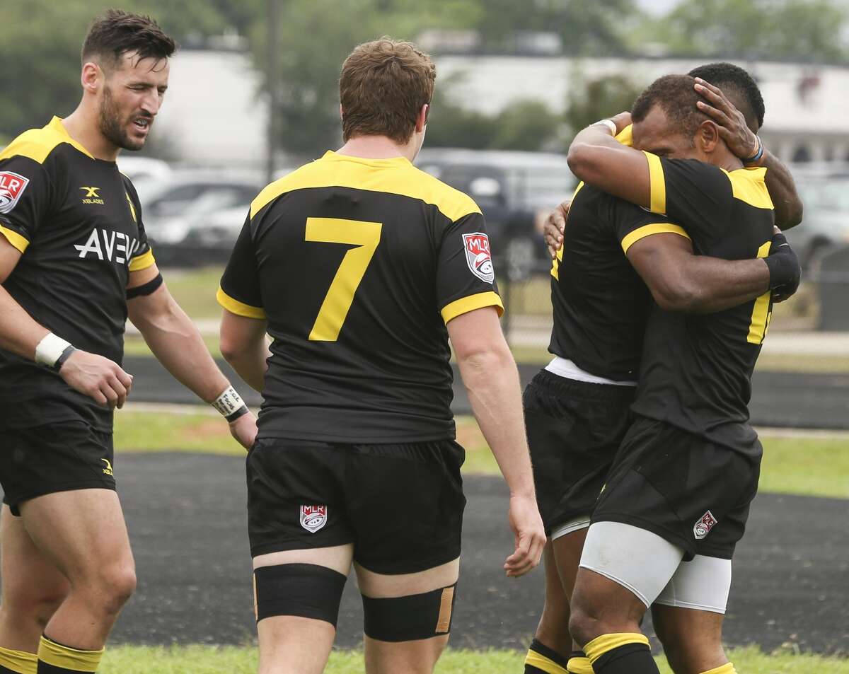 Houston SaberCats Alex Elkins (14) and teammates celebrate his try during the first half of the home opener of the Major League Rugby game against New Orleans Gold at Dyer Stadium on Saturday, April 21, 2018, in downtown Houston. ( Yi-Chin Lee / Houston Chronicle )