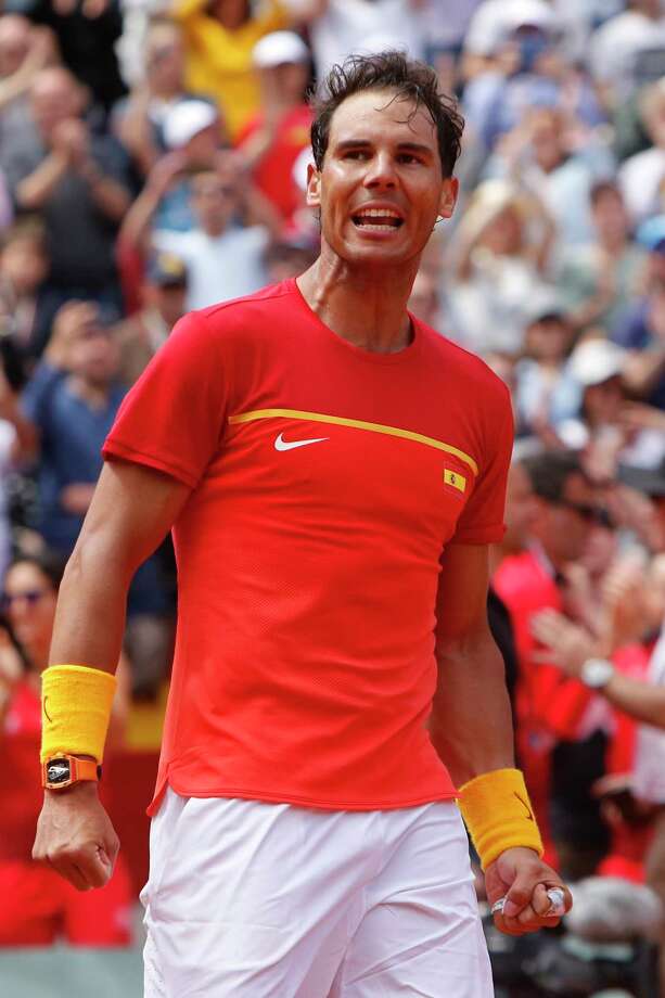 Spain's Rafael Nadal reacts after defeating Germany's Alexander Zverev 6-1, 6-4, 6-4 during a World Group Quarter final Davis Cup tennis match between Spain and Germany at the bullring in Valencia, Spain, Sunday April 8, 2018. (AP Photo/Alberto Saiz) Photo: Alberto Saiz / Copyright 2018 The Associated Press. All rights reserved.