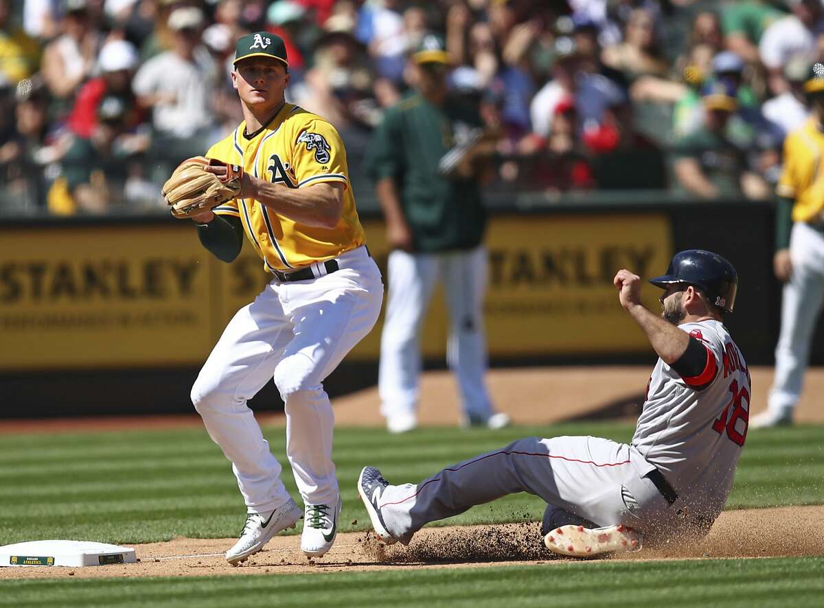 Oakland Athletics' Matt Chapman, left, makes the catch as Boston Red Sox's Mitch Moreland, right, slides out at third base in a fielder's choice during the seventh inning of a baseball game Sunday, April 22, 2018, in Oakland, Calif. (AP Photo/Ben Margot)