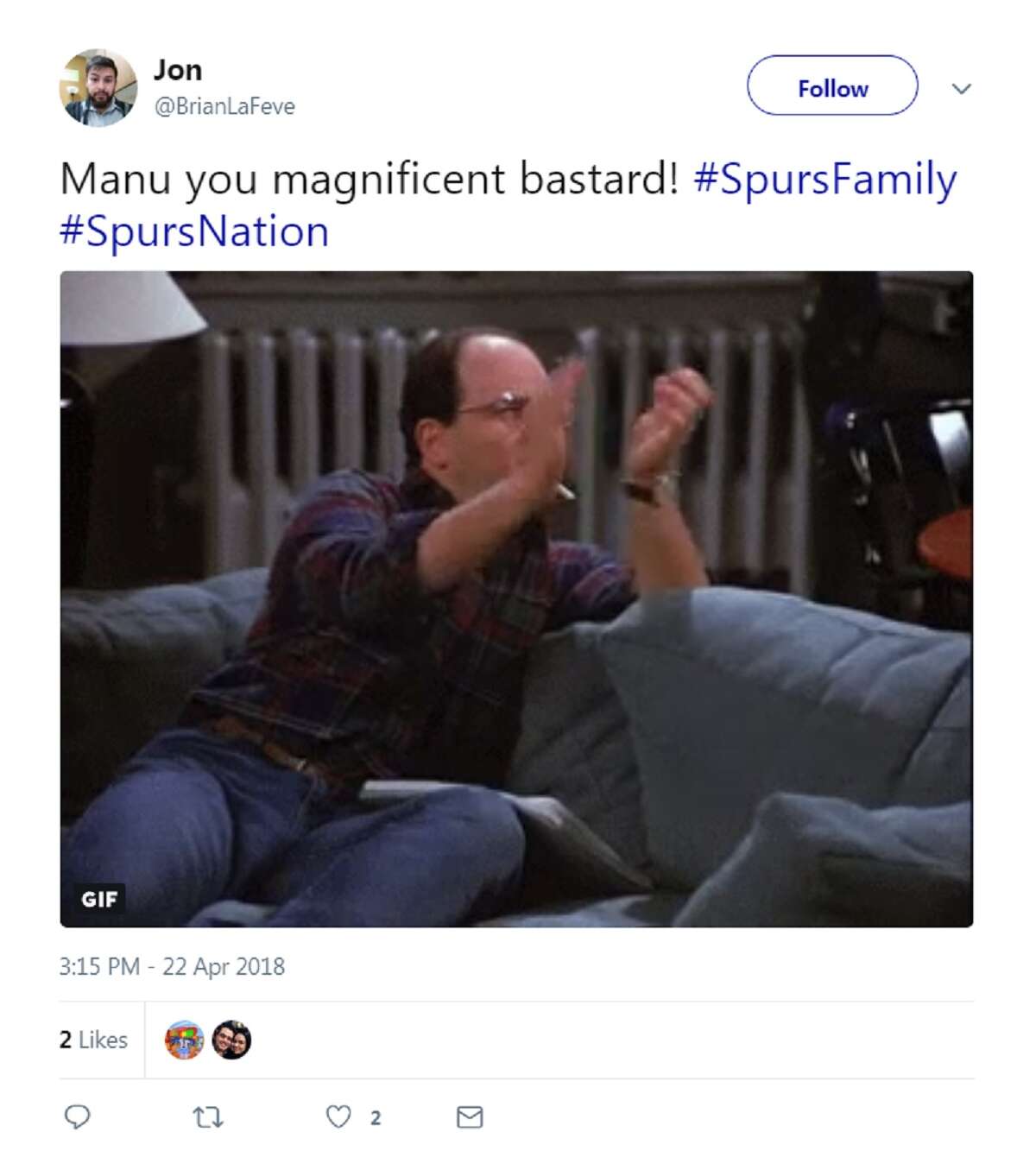 Spurs fans were quick to take to social media to praise Manu Ginóbili and celebrate the Spurs win in Game 4. They were joined by Sports pundits showing respect to the 40-year-old veteran.