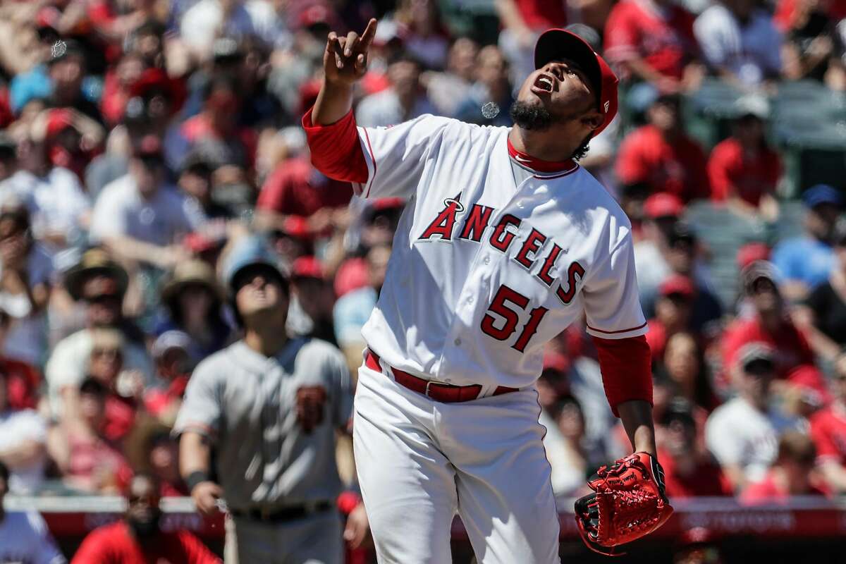 Los Angeles Angels starting pitcher Jaime Barria reacts after inducing an inning ending pop up from San Francisco Giants designated hitter Pablo Sandoval on Sunday, April 22, 2018 at Angel Stadium in Anaheim, Calif. Barria threw 49 pitches in the inning, 26 to Brandon Belt alone.