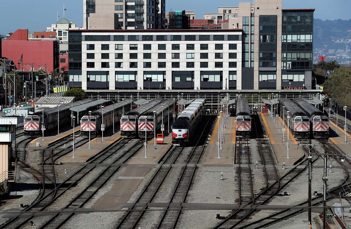 Trains are stopped at the Caltrain rail station in San Francisco, Calif., on Sunday, April 22, 2018. A new report for a planned rail extension into downtown would now eliminate the need to demolish the I-280 extension, as previously proposed.
