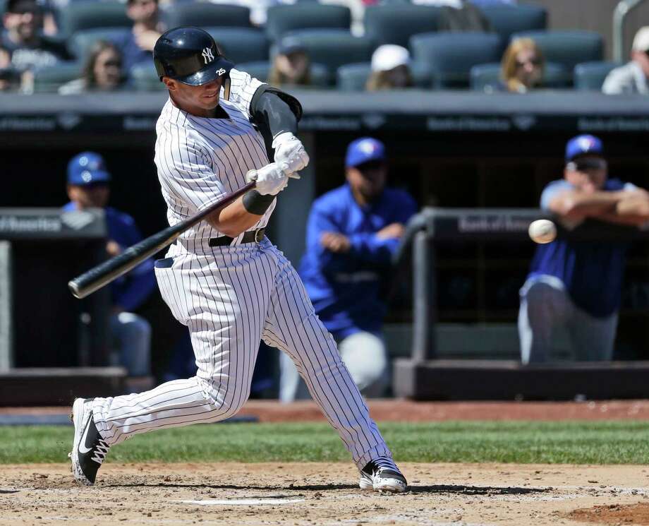 New York Yankees' Gleyber Torres hits into a double play during the fourth inning of a baseball game against the Toronto Blue Jays at Yankee Stadium, Sunday, April 22, 2018, in New York. (AP Photo/Seth Wenig) Photo: Seth Wenig / AP
