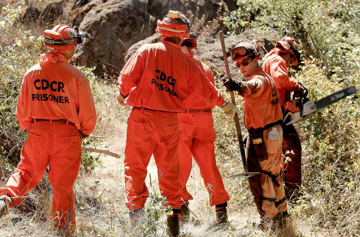 Delta Crew 5, a Cal Fire inmate hand crew from Suisun City, Calif., as they work on a fuel reduction project in Solano County, Calif., on Tuesday July 31, 2012. Conservation Corps programs with the state of California prisons do a lot of the grunt work in fighting fires in the state. There are about 4,000 prisoners in the program right now, but these are low level offenders and in the future will be shifted to county jails instead of state prisons. That raises the possibility of losing thousands of these kinds of workers and that could cost the state a great deal of money to replace them.