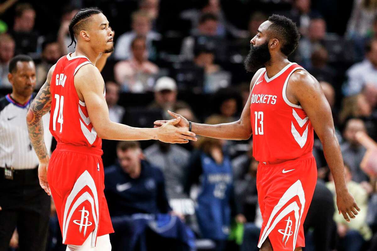 PHOTOS: Reasons to love Gerald Green  Houston Rockets guard James Harden (13) high fives guard Gerald Green (14) as he comes out of the game during the second half of Game 4 of the first round of the NBA Playoffs at Target Center Monday, April 23, 2018 in Minneapolis. >>>See plenty of reasons to love Rockets guard Gerald Green ...
