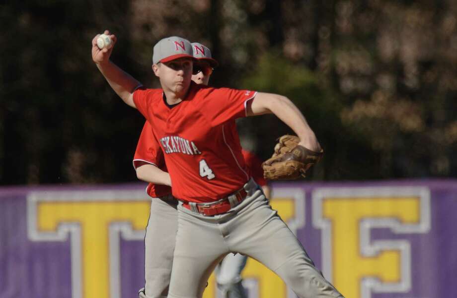Ben Funyak of Niskayuna throws to first base for an out during the Ballston Spa and Niskayuna baseball game on Monday, April 23, 2018, in Ballston Spa, N.Y.  (Paul Buckowski/Times Union) Photo: PAUL BUCKOWSKI / (Paul Buckowski/Times Union)