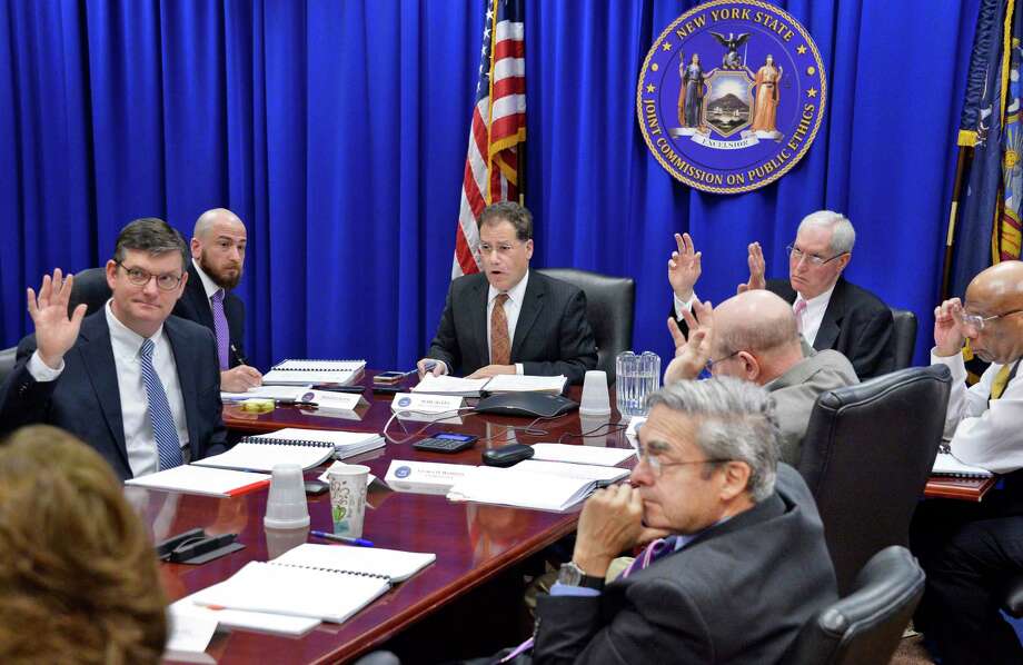 Executive director, Seth Agata, center, and members of the New York State Joint Commission on Public Ethics during a vote Tuesday April 24, 2018 in Albany, NY.  (John Carl D'Annibale/Times Union) Photo: John Carl D'Annibale, Albany Times Union / 40043594A