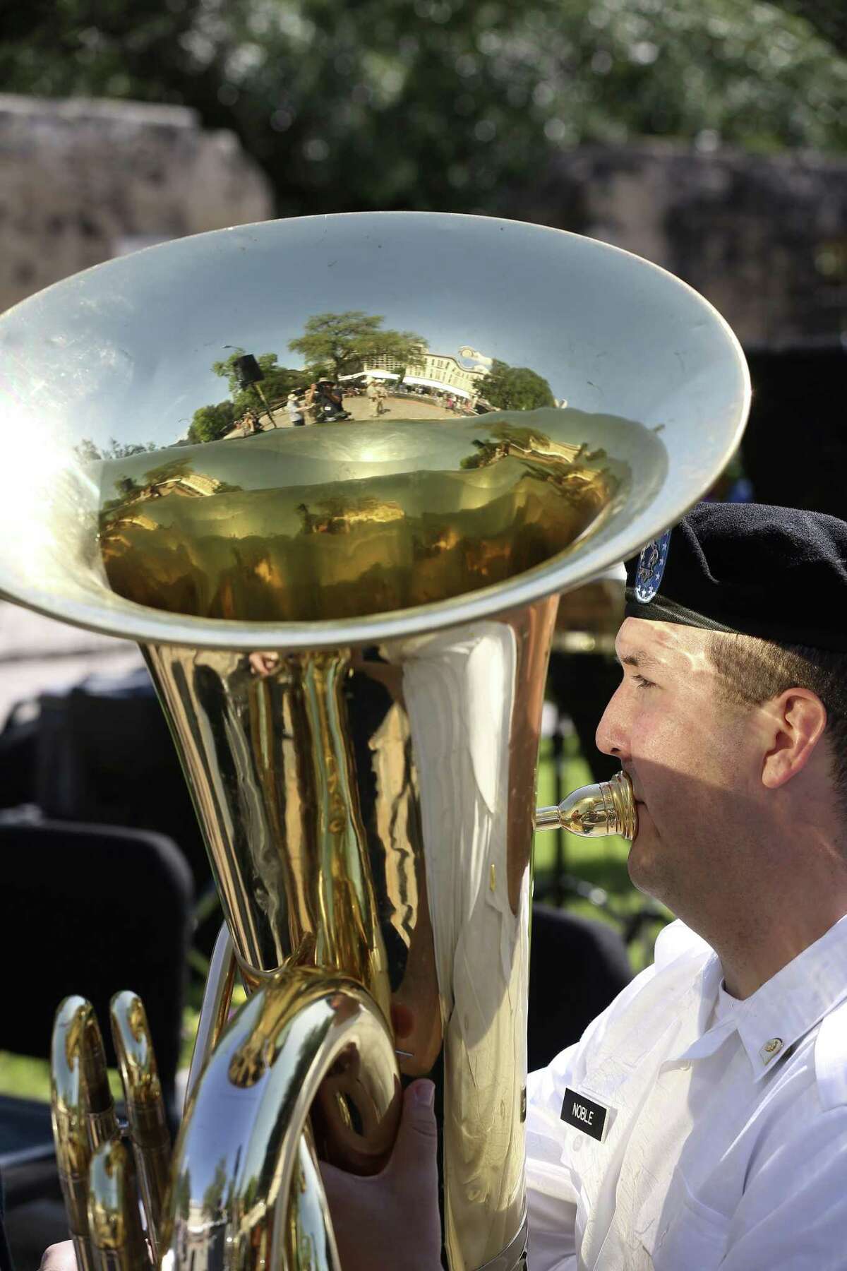 Spc. Andrew Noble, of Alabama, warms up before performing with the 323rd U.S. Army Band, known as " Fort Sam's Own," during Army Day at the Alamo, Tuesday, April 24, 2018. The event, which is part of Fiesta, celebrates the Army's 173 years in San Antonio.