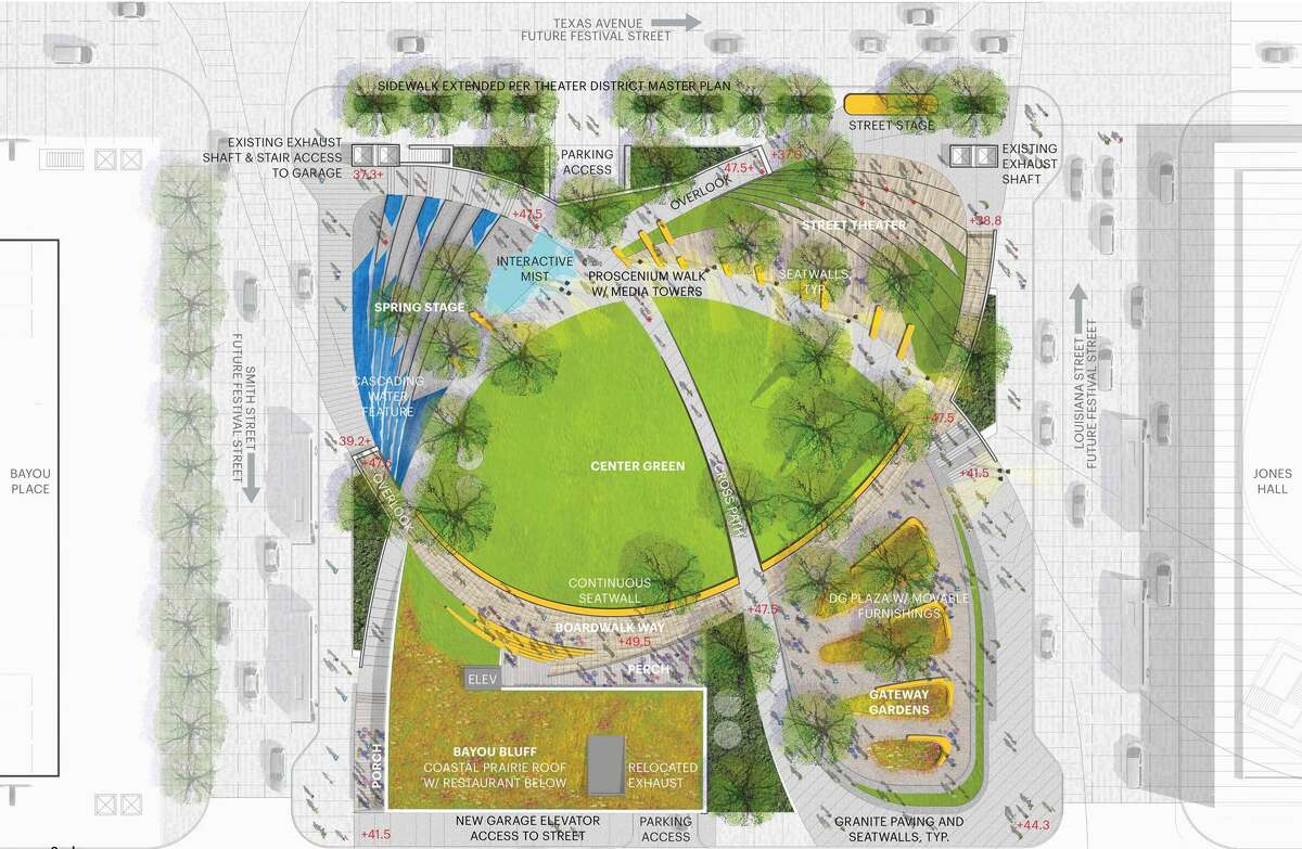 Rios Clementi Hale Studio's "illustrative site plan," a preliminary rendering of its Jones Plaza redesign, shows five distinct areas separated and connected by curved pathways.