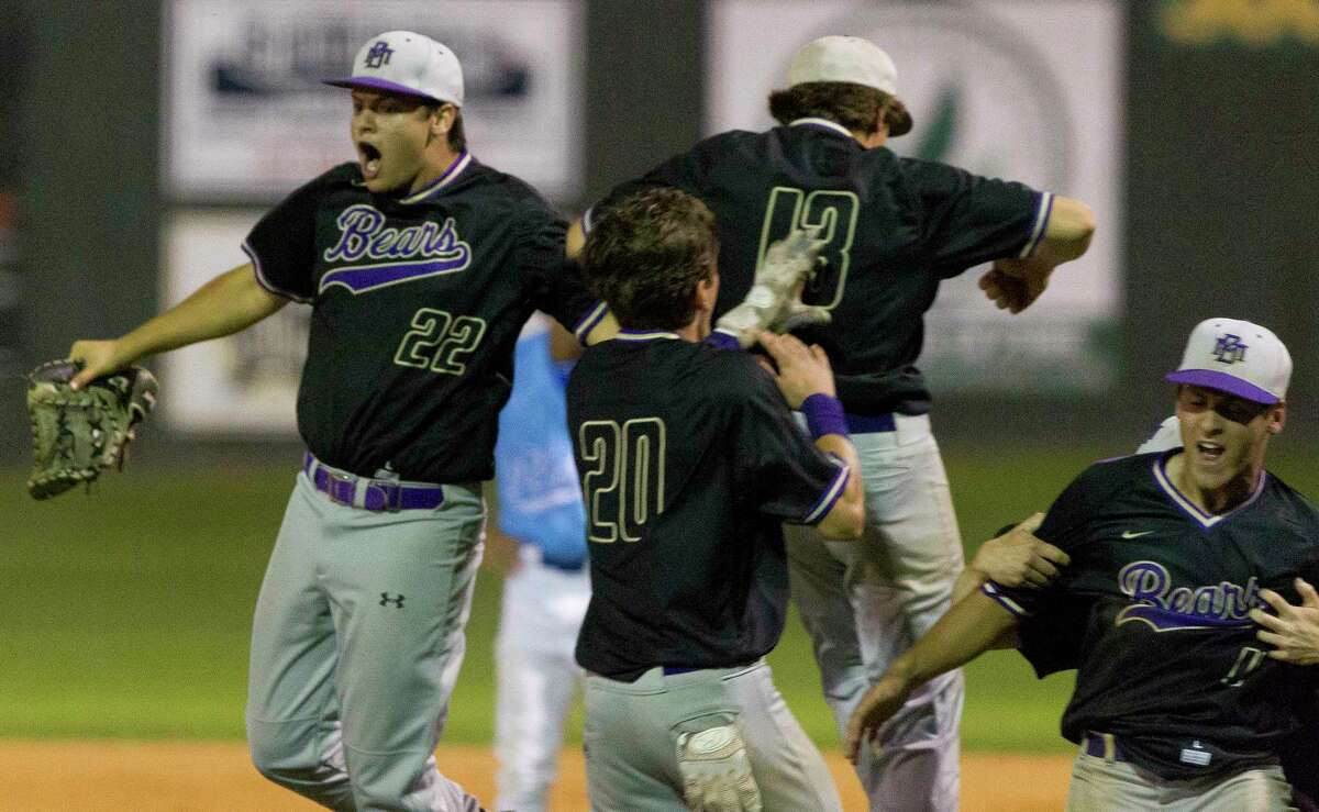 Montgomery players celebrate after defeating Oak Ridge 6-5 during a District 12-6A high school baseball game, Tuesday, April 24, 2018.