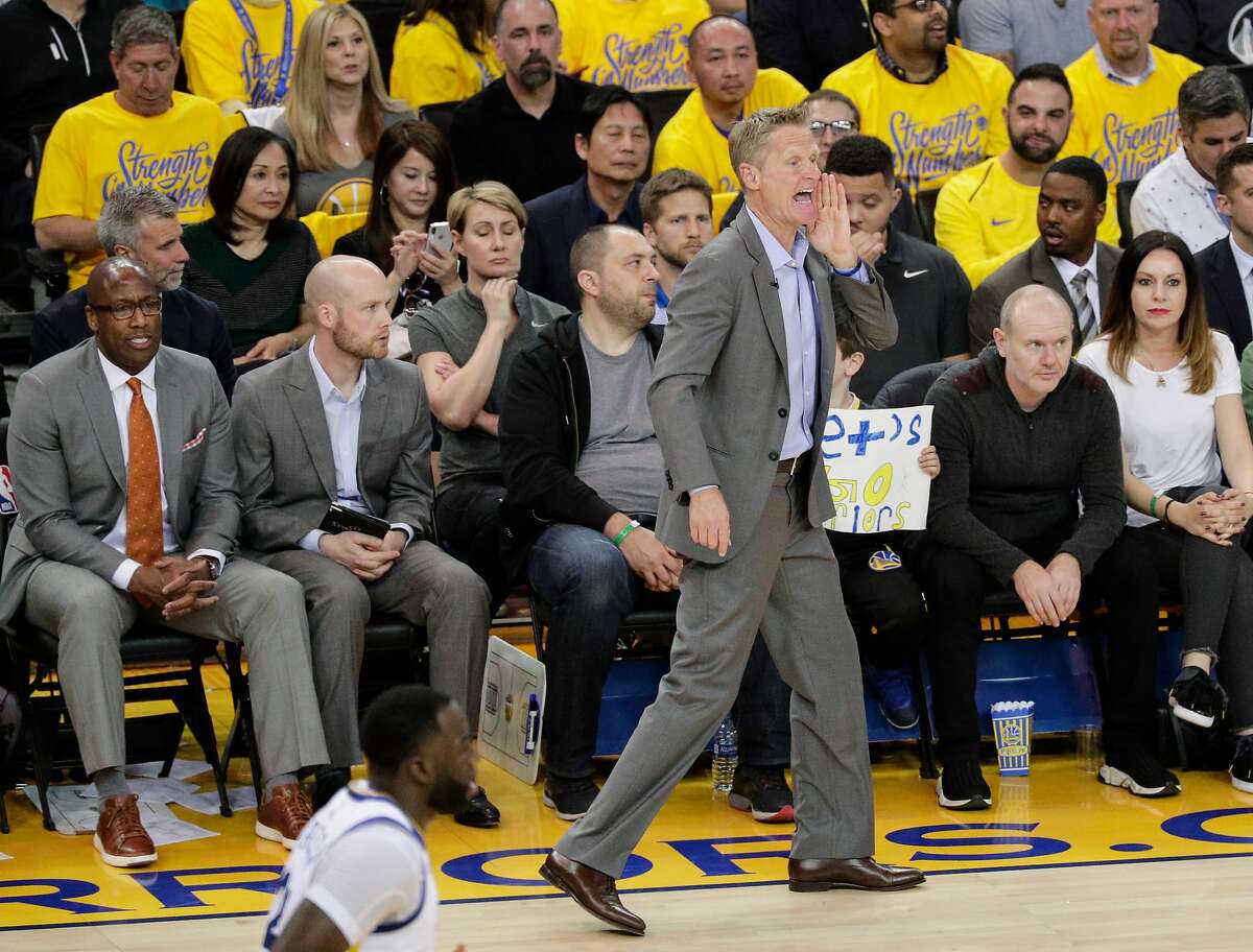 Golden State Warriors' head coach Steve Kerr calls out to his team in the second quarter during game 5 of round 1 of the Western Conference Finals at Oracle Arena on Tuesday, April 24, 2018 in Oakland, Calif.