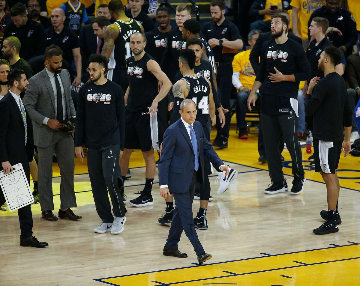 San Antonio Spurs' acting head coach Ettore Messina is seen during a timeout in the first quarter during game 5 of round 1 of the Western Conference Finals at Oracle Arena on Tuesday, April 24, 2018 in Oakland, Calif.