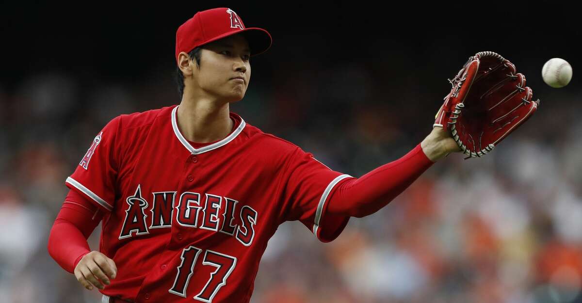Los Angeles Angels starting pitcher Shohei Ohtani between pitches during the first inning of an MLB game at Minute Maid Park, Tuesday, April 24, 2018, in Houston. ( Karen Warren / Houston Chronicle )