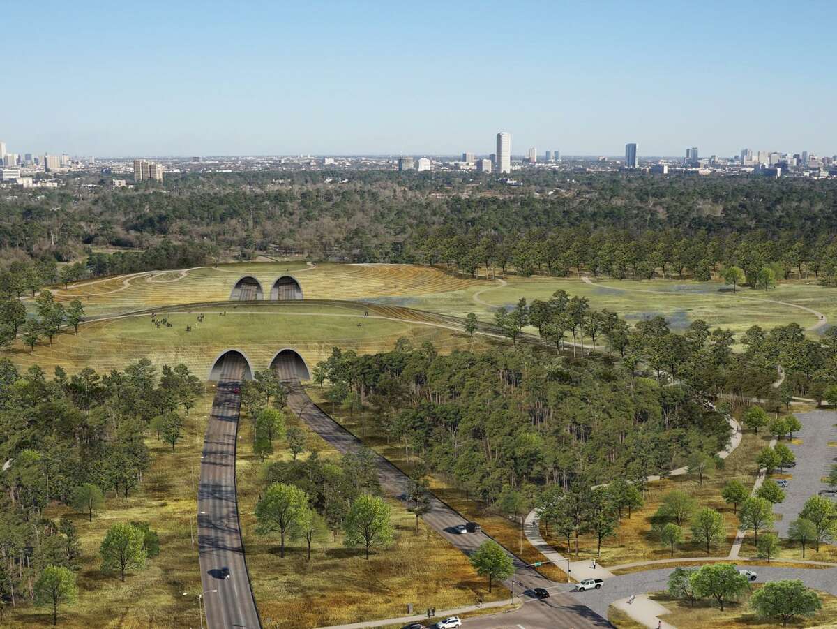 A rendering of an aerial view of the “central connector” land bridge that will cross Memorial Drive to reconnect the north and south sections of Memorial Park.