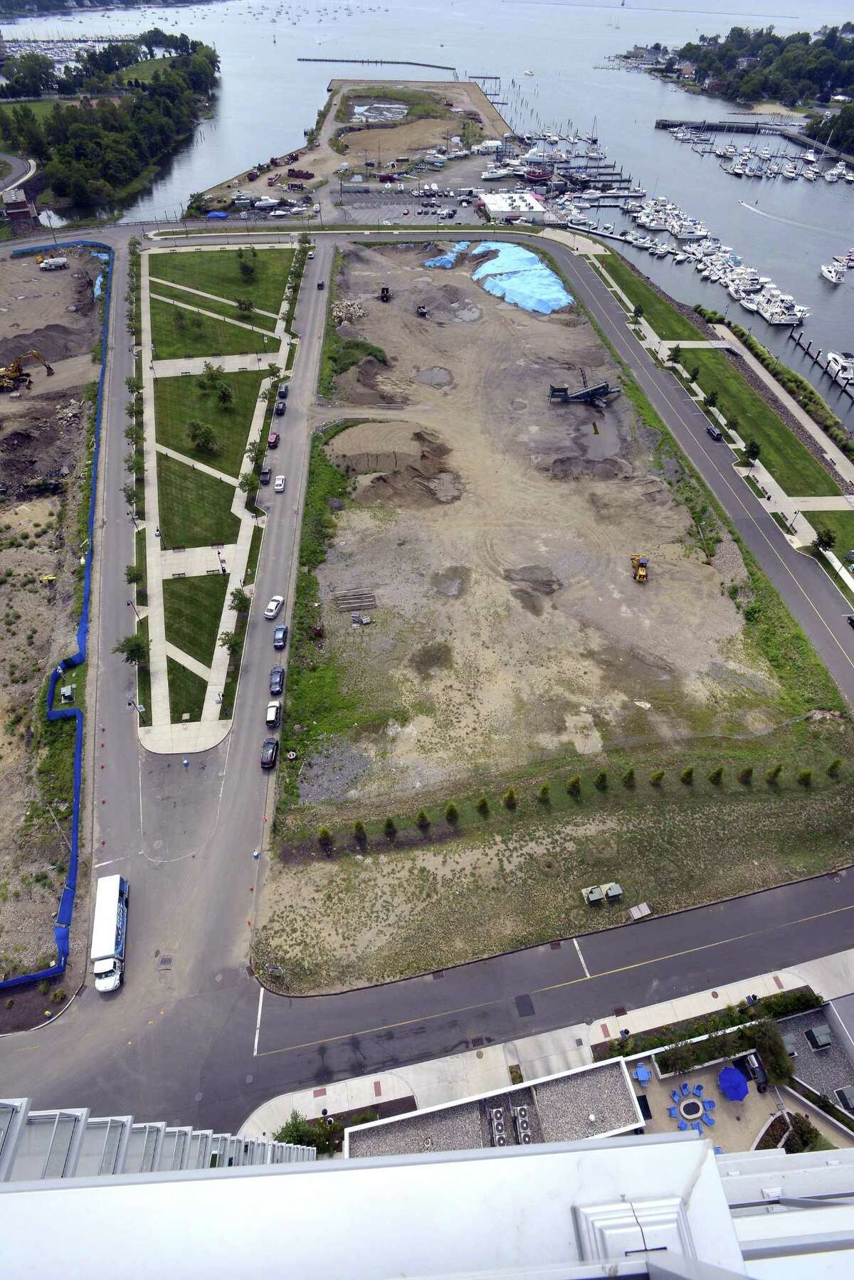 South End developer Building and Land Technology won the right to redevelop a 14-acre parcel of land, shown at the top of this photo taken on Friday, Aug. 19, 2016 from the observation deck of The Beacon, in Stamford, Connecticut. The land once housed Stamford?’s last working boatyard.