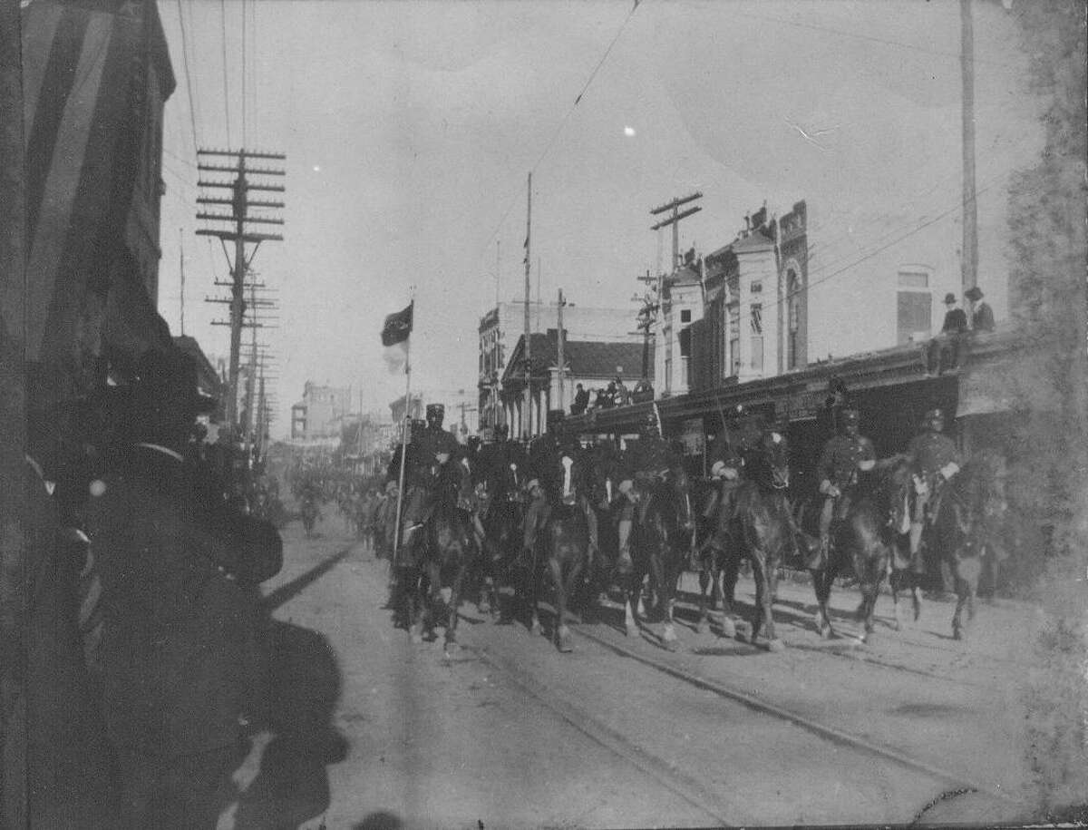 The 10th U.S. Cavalry parading on Houston St., April 22, 1899, possibly in the Battle of Flowers Parade.