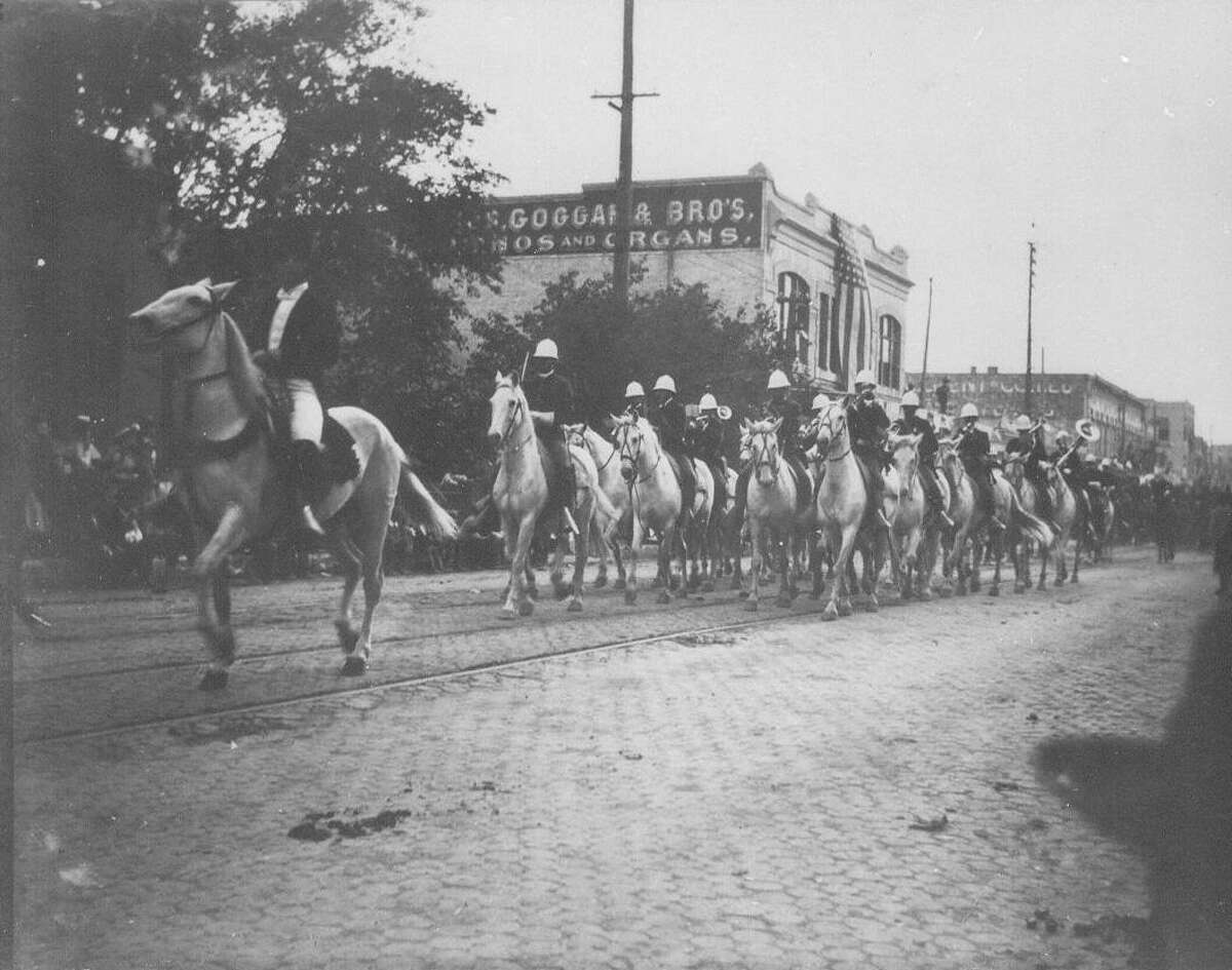 Mounted band of the 5th U.S. Cavalry in the Battle of Flowers Parade, April 21, 1897.