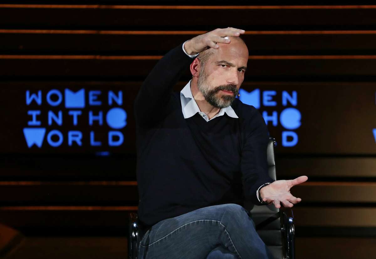 Chief Executive Officer of Uber Dara Khosrowshahi gestures while speaking at the ninth annual Women in the World Summit Thursday, April 12, 2018, in New York. (AP Photo/Frank Franklin II)