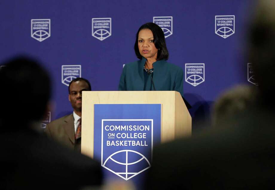 Former U.S. Secretary of State Condoleezza Rice speaks during a news conference at the NCAA headquarters, Wednesday, April 25, 2018, in Indianapolis. The Commission on College Basketball led by Rice, released a detailed 60-page report Wednesday, seven months after the NCAA formed the group to respond to a federal corruption investigation that rocked college basketball. (AP Photo/Darron Cummings) Photo: Darron Cummings / Copyright 2018 The Associated Press. All rights reserved.