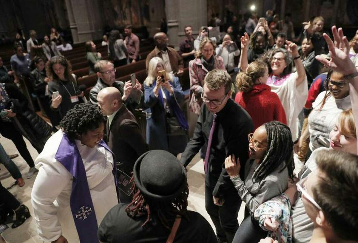 The Rev. Yolanda Norton, of the San Francisco Theological Seminary gave a guest sermon on her current course “Beyoncé and the Hebrew Bible” dances with congregants at Grace Cathedral to celebrate the Beyonce Mass on Wednesday, April 25, 2017 in San Francisco, Calif.