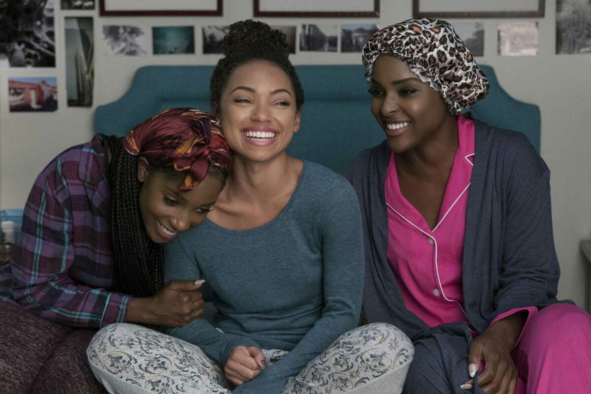 The central female characters — Sam (Logan Browning), center, Coco (Antoinette Robertson), right, and Joelle (Ashley Blaine Featherson) — in a bonding scene of the second season of “Dear White People,” a racially charged, yet very funny, half-hour on Netflix.