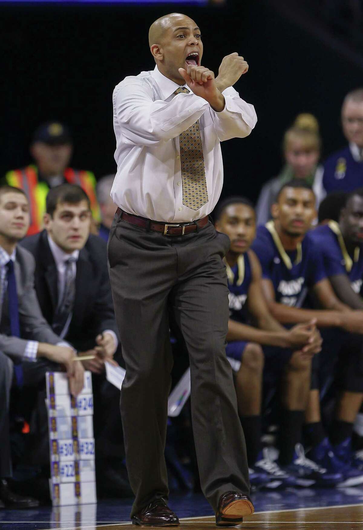SOUTH BEND, IN - DECEMBER 09: Head coach Jamion Christian of the Mount St. Mary's Mountaineers is seen during the game against the Notre Dame Fighting Irish at Purcell Pavilion on December 9, 2014 in South Bend, Indiana. (Photo by Michael Hickey/Getty Images) ORG XMIT: 521949767