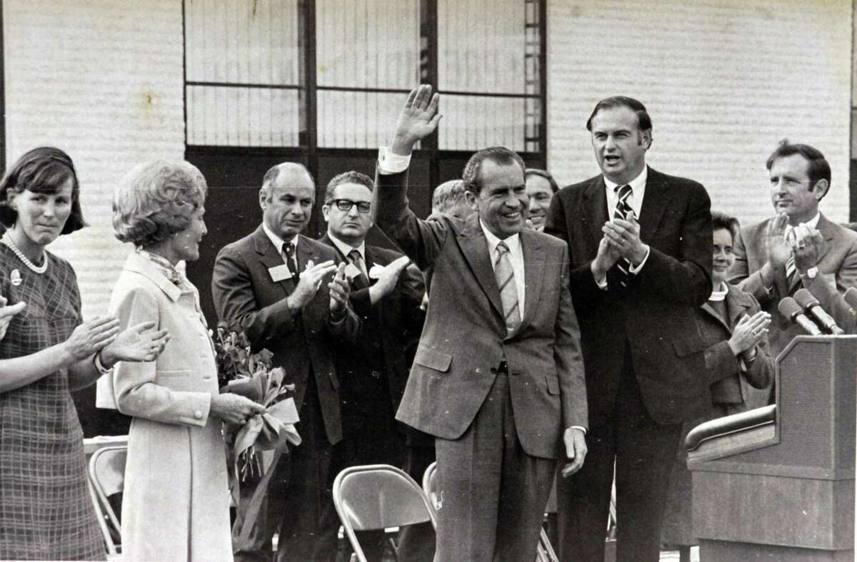 President Richard Nixon waves to the crowd during his visit to the Italian Center in Stamford in 1970.