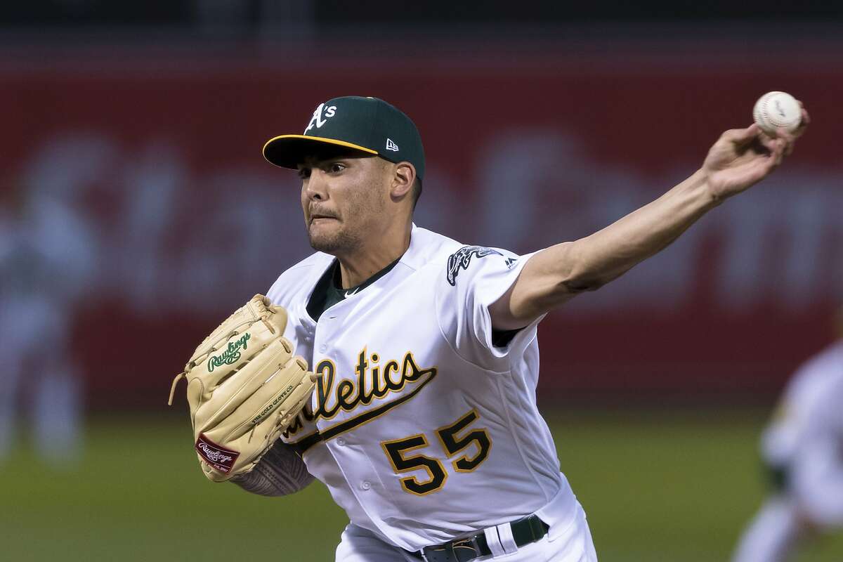 Oakland Athletics starting pitcher Sean Manaea throws to a Boston Red Sox batter during the seventh inning of a baseball game in Oakland, Calif., Saturday, April 21, 2018. Manaea threw a no-hitter as the A's won 2-0. (AP Photo/John Hefti)