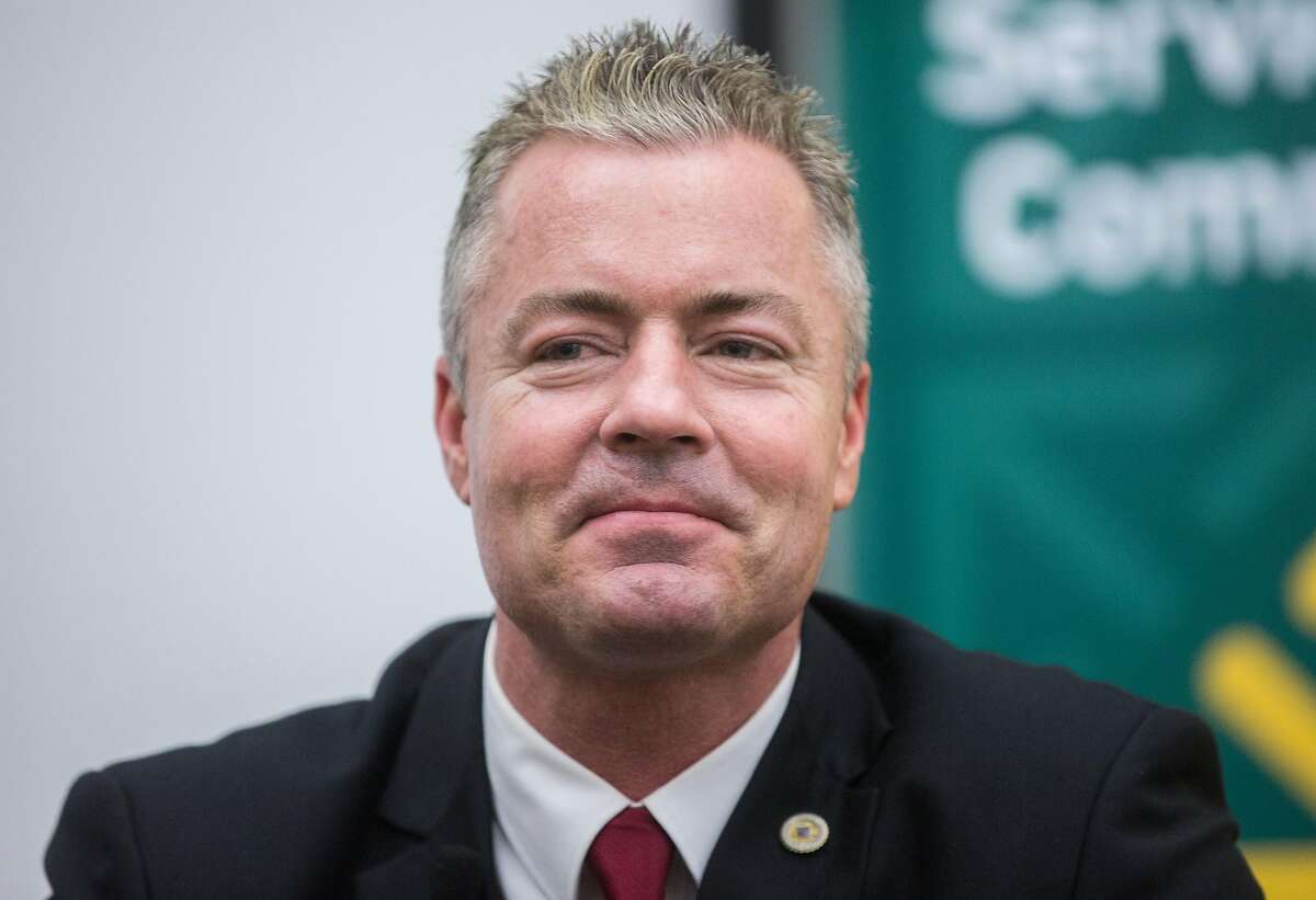 Assemblyman and California Republican Governor candidate Travis Allen speaks with Politico reporter Carla Marinucci as part of the Conversation for the Common Good series at the University of San Francisco's McClaren Complex Tuesday, March 27, 2018 in San Francisco, Calif.