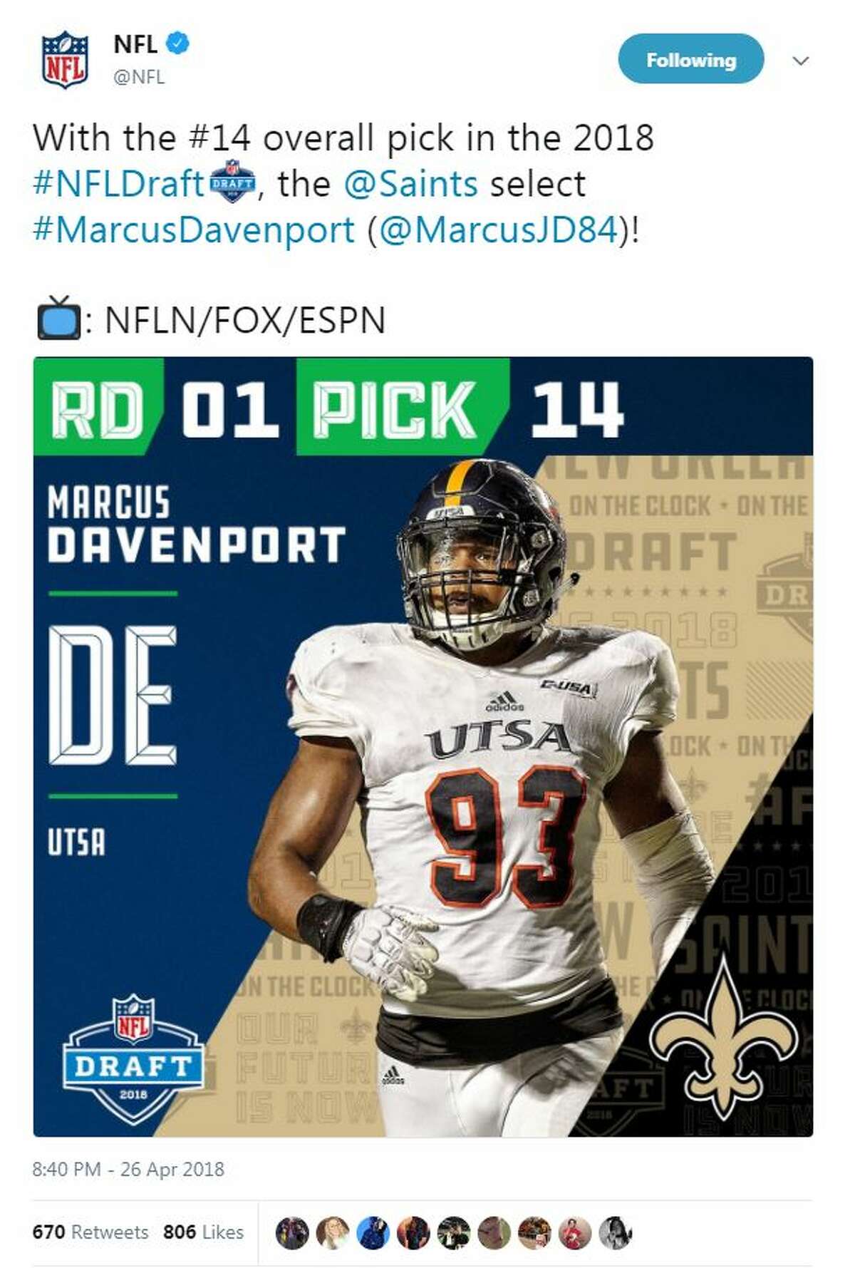 UTSA's Marcus Davenport selected in NFL draft