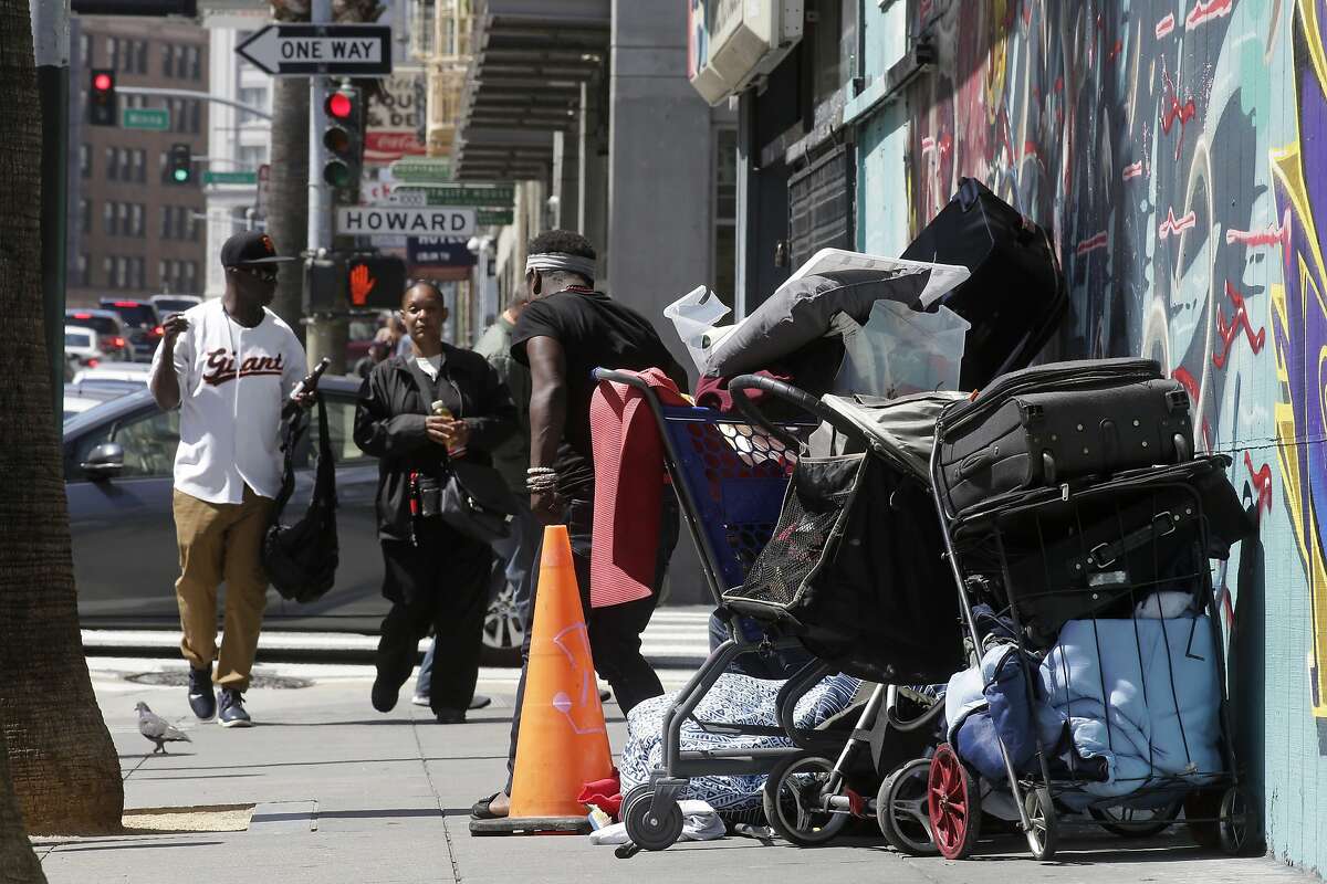 A small homeless encampment camp near the corner of 6th and Howard streets on Mon. April 23, 2018, in San Francisco, Calif. San Francisco City Hall politicians continue to struggle with a fix for the real public health menace on our sidewalks the dirty needles, tent encampments, feces and foul garbage.