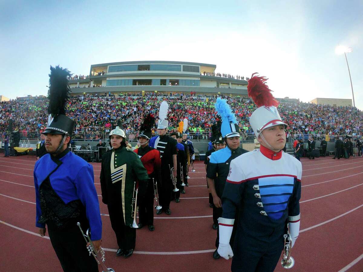Trumpeters line up during the Battle of Flowers Association's annual band festival at Alamo Stadium on Thursday, April 26, 2018. The 80th annual festival featured performances by more than 30 high school bands.