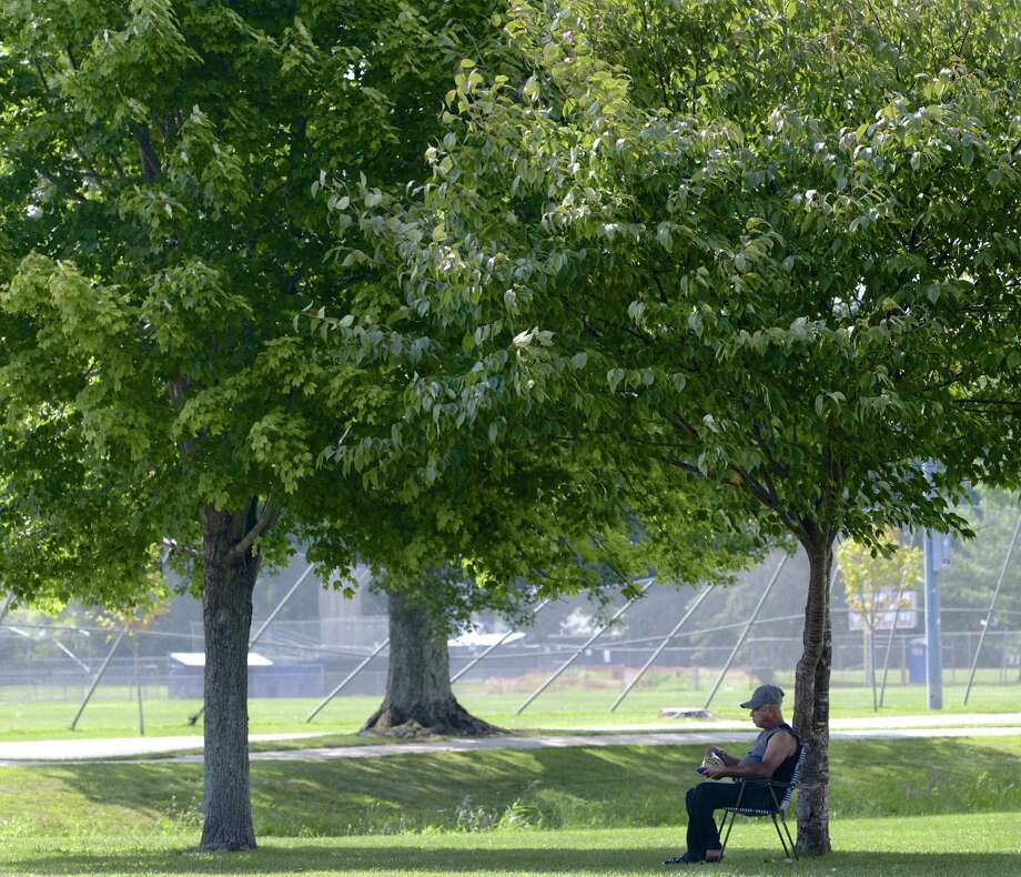 File photo of a Danbury man sitting in the shade of a tree in Rogers Park enjoying a snack. Photo: H John Voorhees III / Hearst Connecticut Media / The News-Times