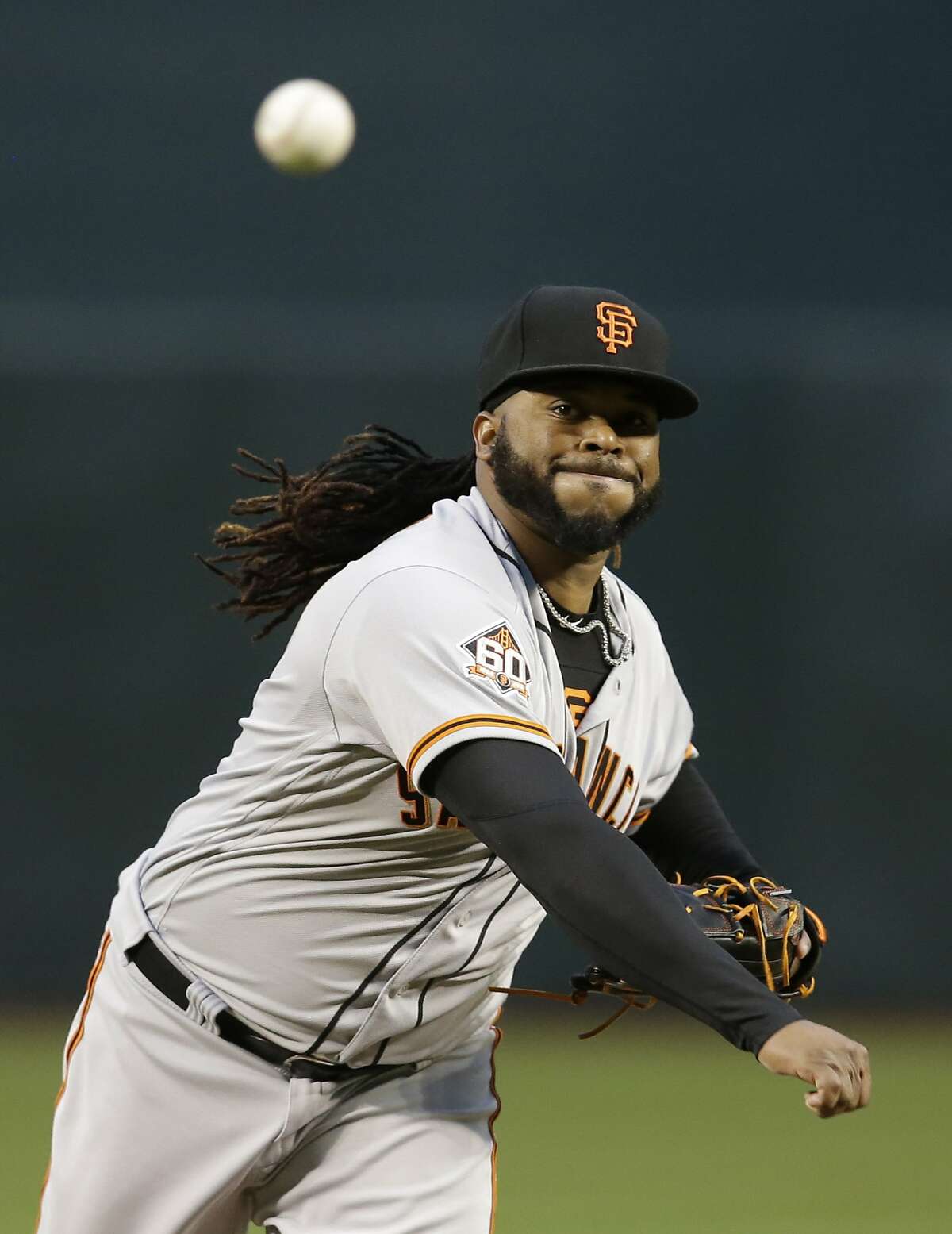 San Francisco Giants starting pitcher Johnny Cueto (47) in the first inning during a baseball game against the Arizona Diamondbacks, Tuesday, April 17, 2018, in Phoenix. (AP Photo/Rick Scuteri)