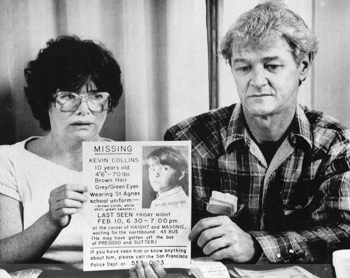 Ann and David Collins, parents of Kevin Collins, hold one of their missing posters during a news conference March 2, 1984, in San Francisco.