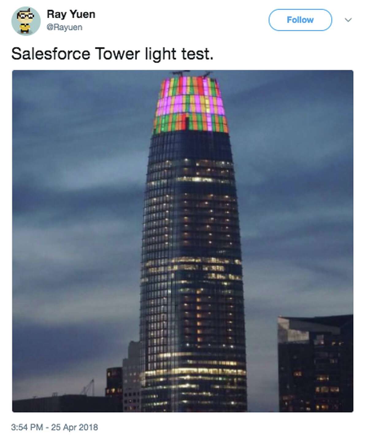 Salesforce Tower on April 25, 2018: Lights glowing at the crown.