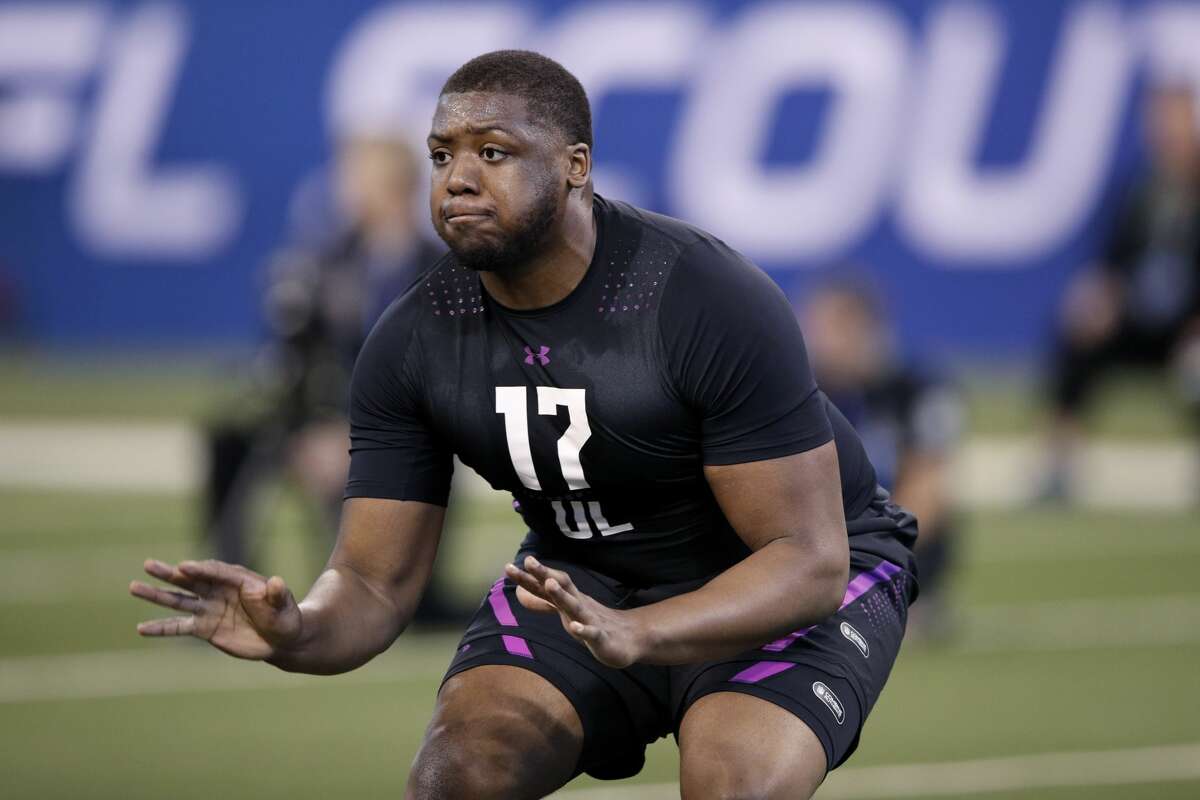 Ohio State offensive lineman Jamarco Jones in action during the 2018 NFL Combine at Lucas Oil Stadium on March 2, 2018 in Indianapolis, Indiana.
