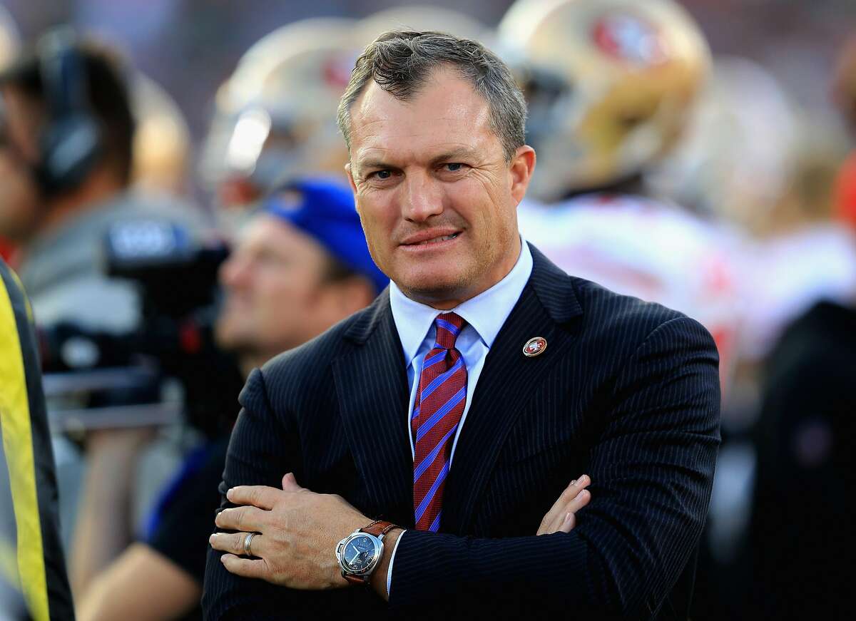 General Manager John Lynch of the San Francisco 49ers looks on from the sidelines during the second half of a game against the Los Angeles Rams at Los Angeles Memorial Coliseum on December 31, 2017 in Los Angeles, California. (Photo by Sean M. Haffey/Getty Images)