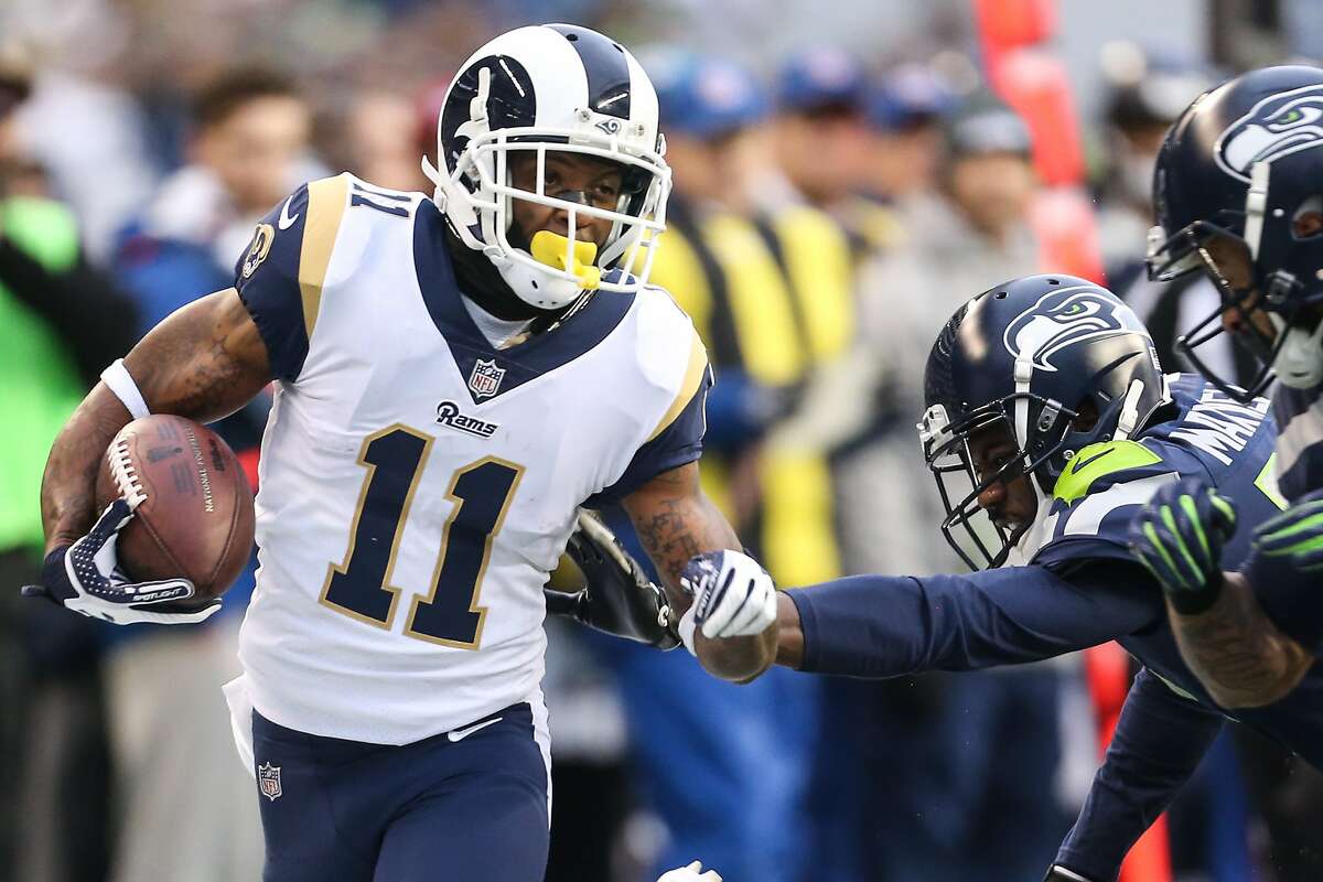 Rams wide receiver Tavon Austin runs the ball down the timeline during the second half of a football game against the Seahawks at CenturyLink Field on Sunday, Dec. 17, 2017. (GRANT HINDSLEY, seattlepi.com)